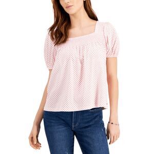 Tommy Hilfiger Women's Daisy Dot Puffed Floral Print Smocked Sleeve Top- Pink XL